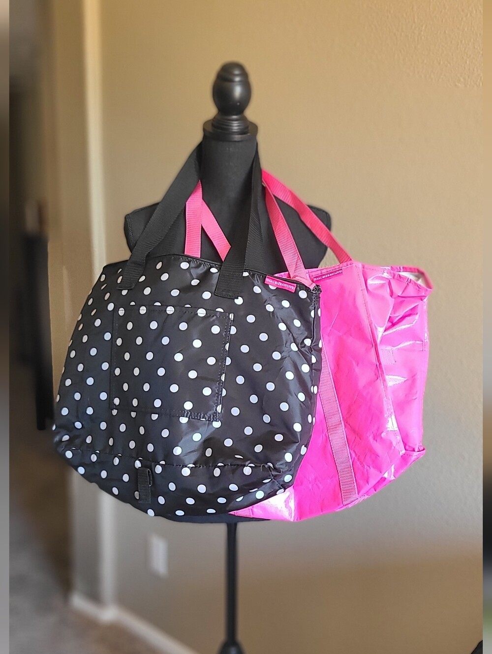 Isaac Mizrahi Black Polka Dot and Hot Pink Tandem Totes with Plastic Lining